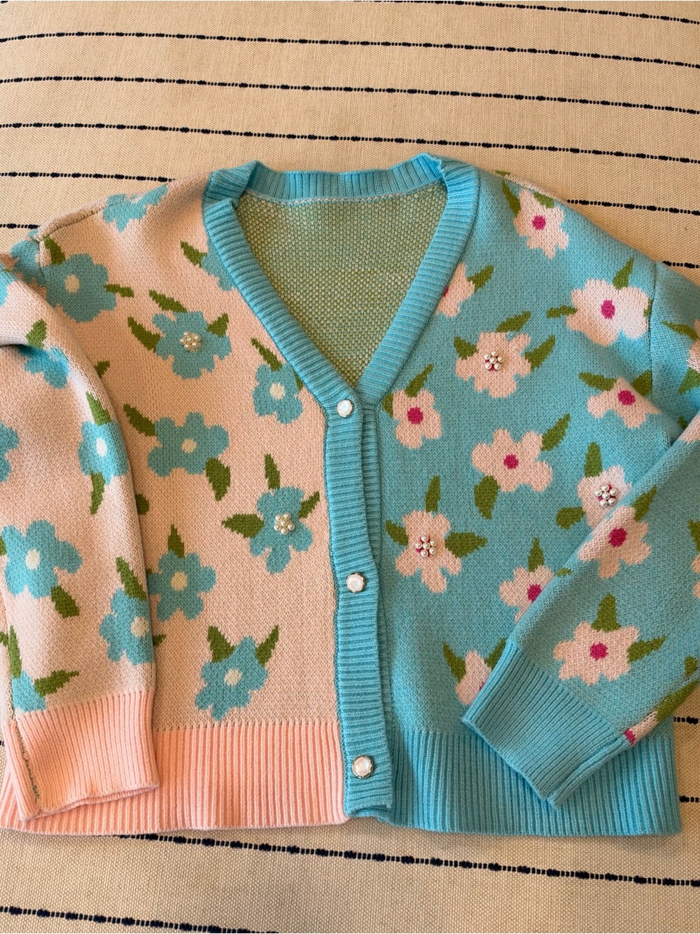 Floral Button-Front Cardigan in Pastel Pink & Aqua with pearl accents